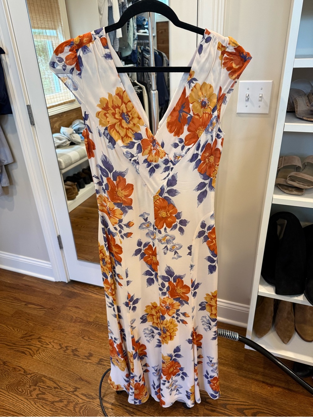 Reformation White Maxi Dress with Orange & Blue Floral Print